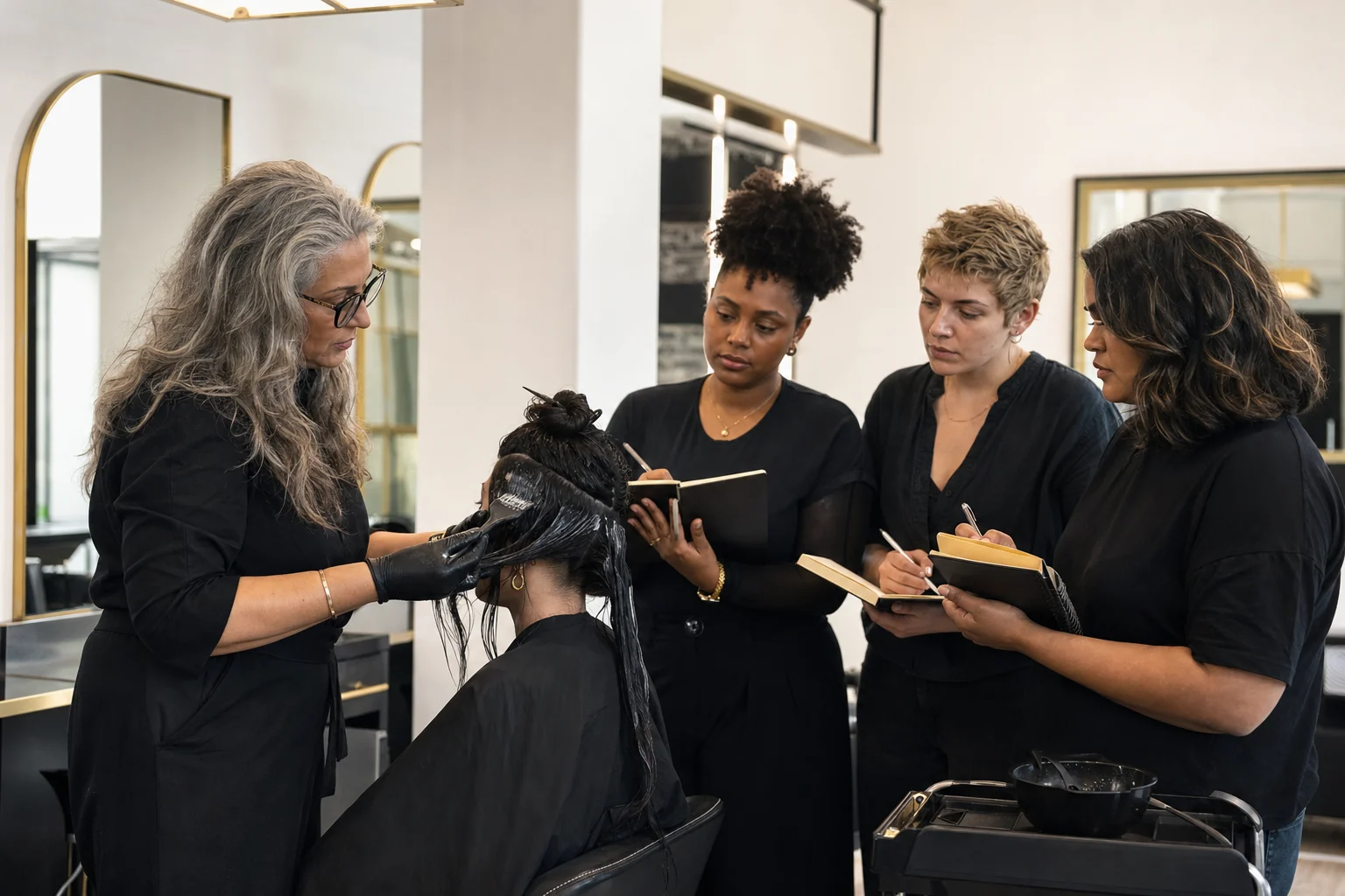 Hairdressers learning professional treatment application