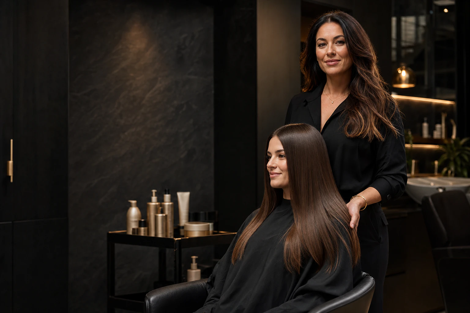 Salon owner with a client whose long hair has a smooth, glossy finish