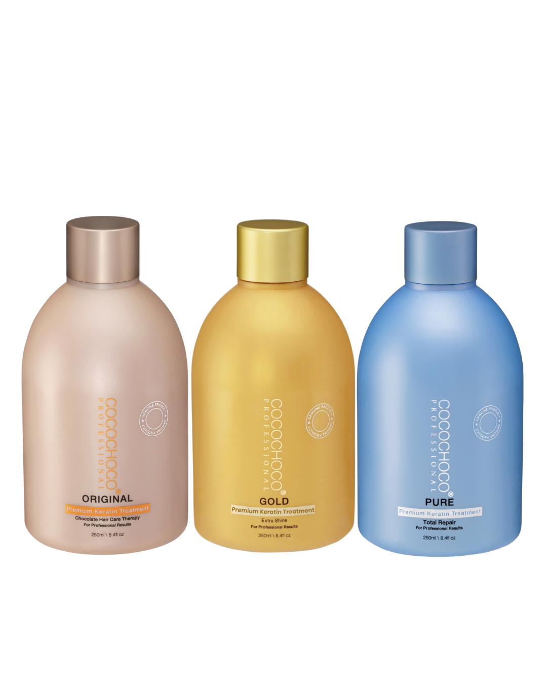 3 Cocochoco Keratins: Gold 250ml, Original 250ml, Pure 250ml