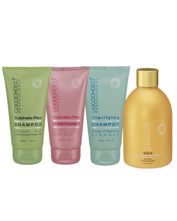 250ml Keratin Gold + 150ml Clarifying Shampoo + 150ml Sulphate Free Shampoo & Conditioner